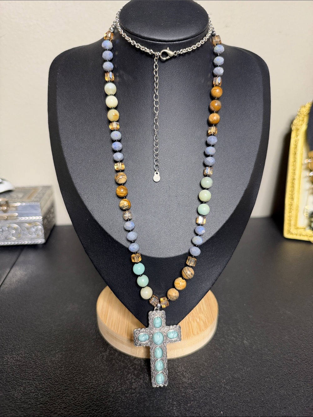 Beaded Turquoise Cross Pendant Necklace Aqua, Brown & Lavender Stone Boho